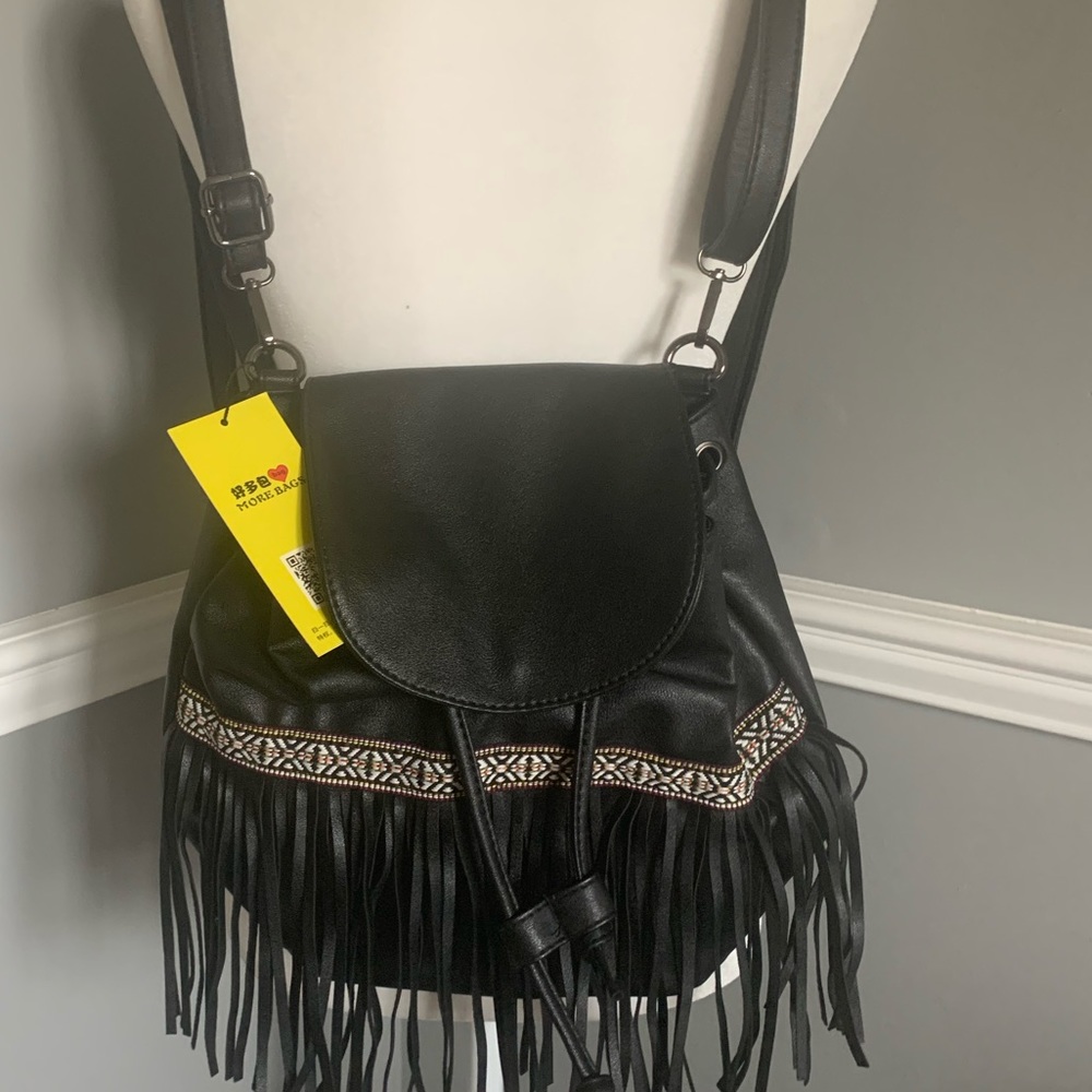 NWT fringe Black Backpack Leather Adjustable New